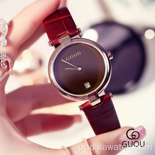 Relógios femininos à prova d&#39;água GUOU pequeno disco mostrador de couro relógio feminino Relógios femininos de luxo de quartzo simples Relógio de pulso com data automática